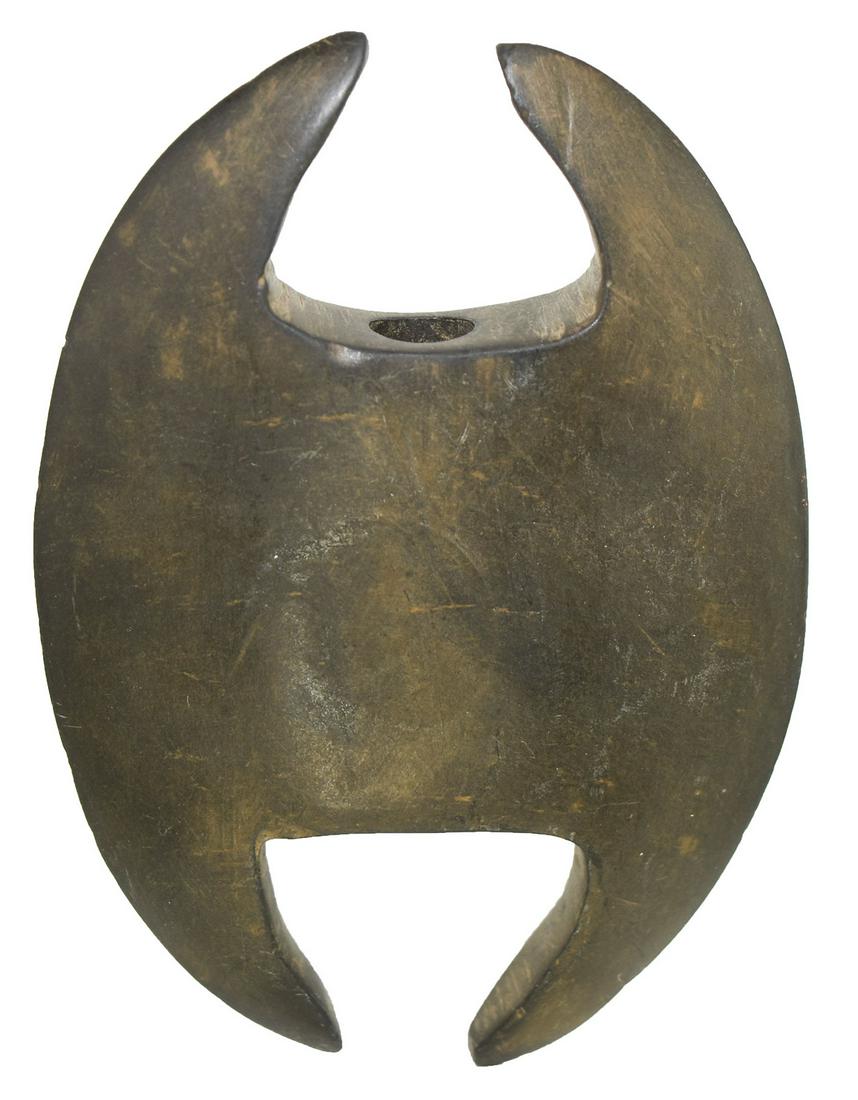 4 7/16" Notched Ovate Bannerstone. Pictured.: 4 7/16" Notched Ovate Bannerstone. Eaton Co, MI (Charlotte). Brown Slate. Excellent condition, all prongs intact. Pictured on the cover of Jon Nichols Jan 2006 Sale Catalog (Old Barn). Once in the Don