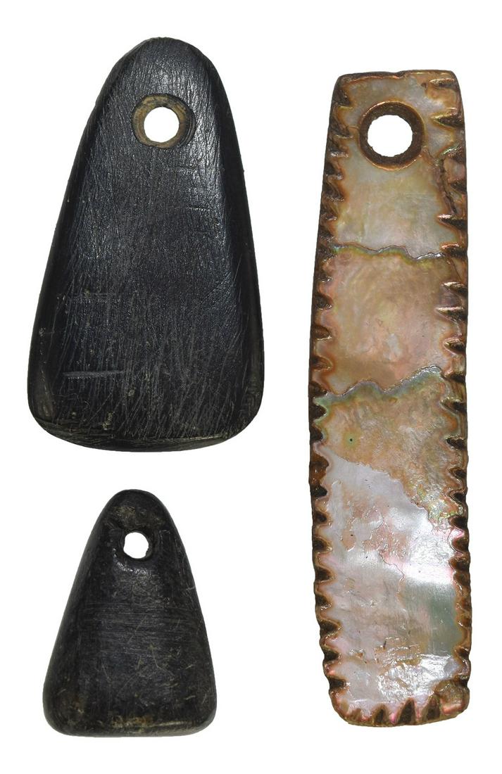 3 Chumash Pendants. Santa Barbara Co, CA. All in fine: 3 Chumash Pendants. Santa Barbara Co, CA. 2 1/4" Abalone Shell Pendant and 2 polished black Hardstone Miniature Pendants (7/8" & 1 1/2"). All in fine condition. Ex-Steve Bohm