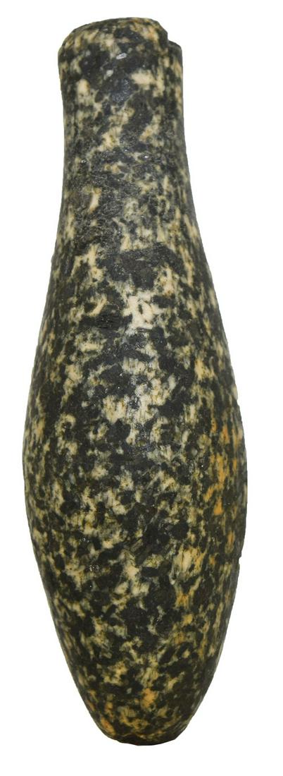 4 3/8" Charmstone. Kings Co, CA. Black &white: 4 3/8" Charmstone. Kings Co, CA. Black and white speckled Granite. Very good condition. Ex-Steve Bohm