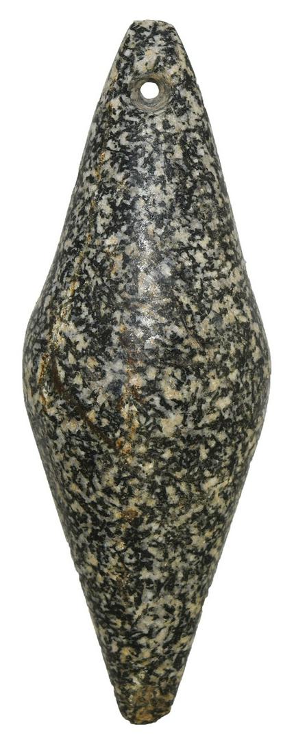 3 3/4" Drilled Charmstone. Sutter Co, CA. Very well: 3 3/4" Drilled Charmstone. Sutter Co, CA. Very well made. Polished black and white speckled Granite. Very fine condition. Ex-Steve Bohn