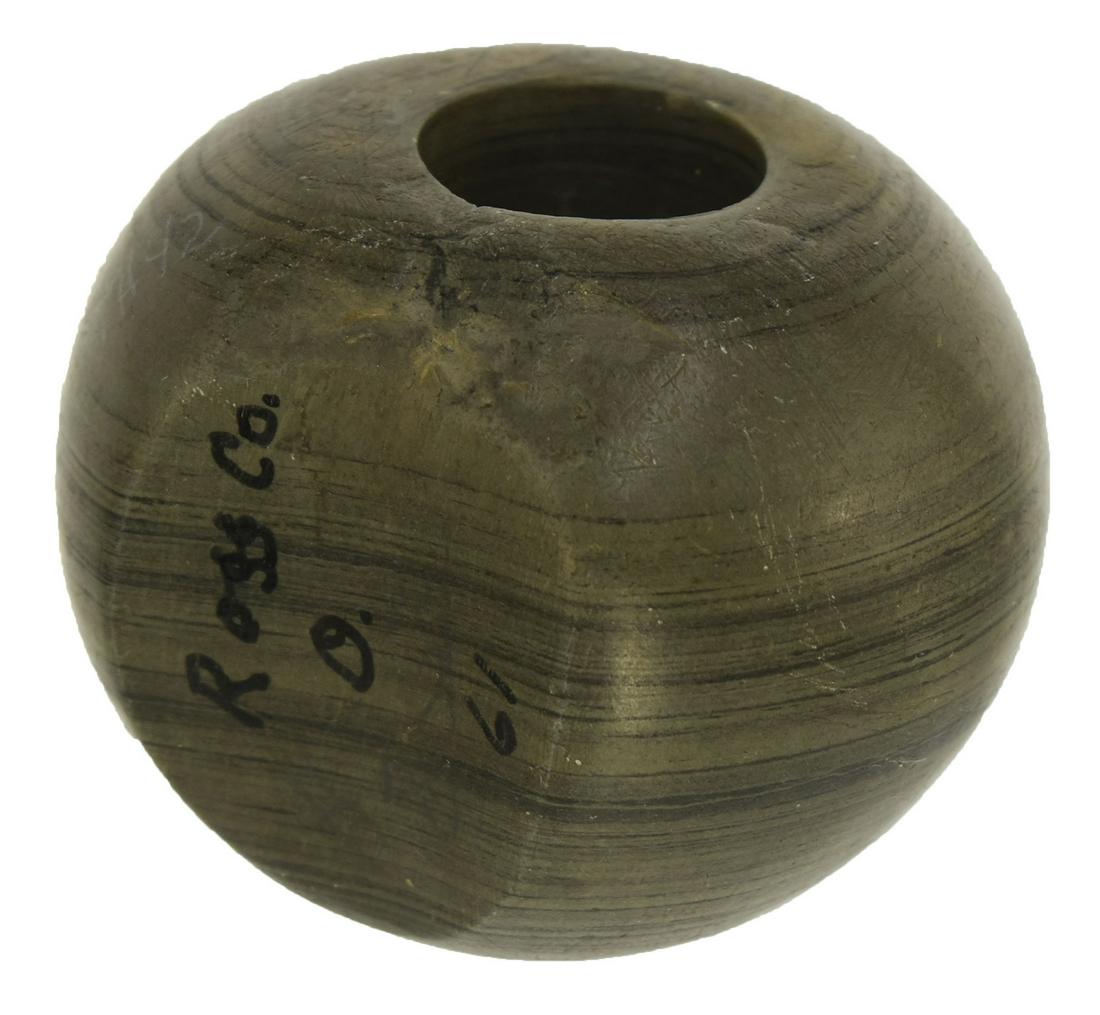 1 13/16" Fluted Ball Bannerstone. Ross Co, OH. Well: 1 13/16" Fluted Ball Bannerstone. Ross Co, OH. Well shaped with wide pronounced flute. Banded Slate. Fine condition