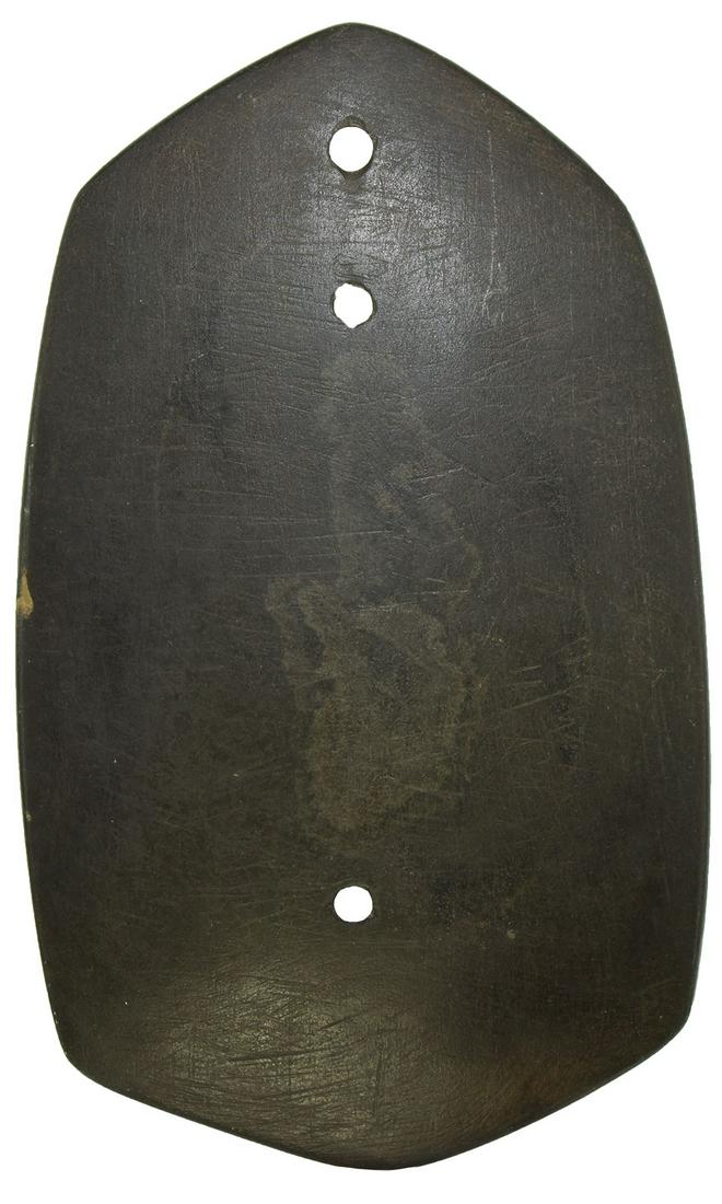 5" Three Hole Glacial Kame Gorget. Williams Co, OH: 5" Three Hole Glacial Kame Gorget. Williams Co, OH (Woods Farm). Well made, nicely polished dark Slate. Ex-Brandon Vanderver