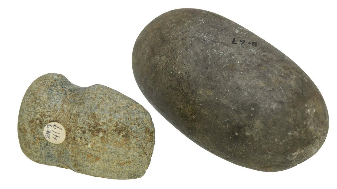 2 Stone Relics from Gish Collection: Roller Pestle &: 2 Stone Relics from the Gish Collection: 5 1/2" Roller Pestle (FB George Jones in Eaton OH, nice) and 3" Hammerstone (FB Leon Corley near Gary IN)