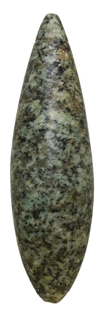 3 7/8" Grooved Plummet. Ross Co, OH. Large, sleek and: 3 7/8" Grooved Plummet. Ross Co, OH. Large, sleek and a colorful green Hardstone. G10