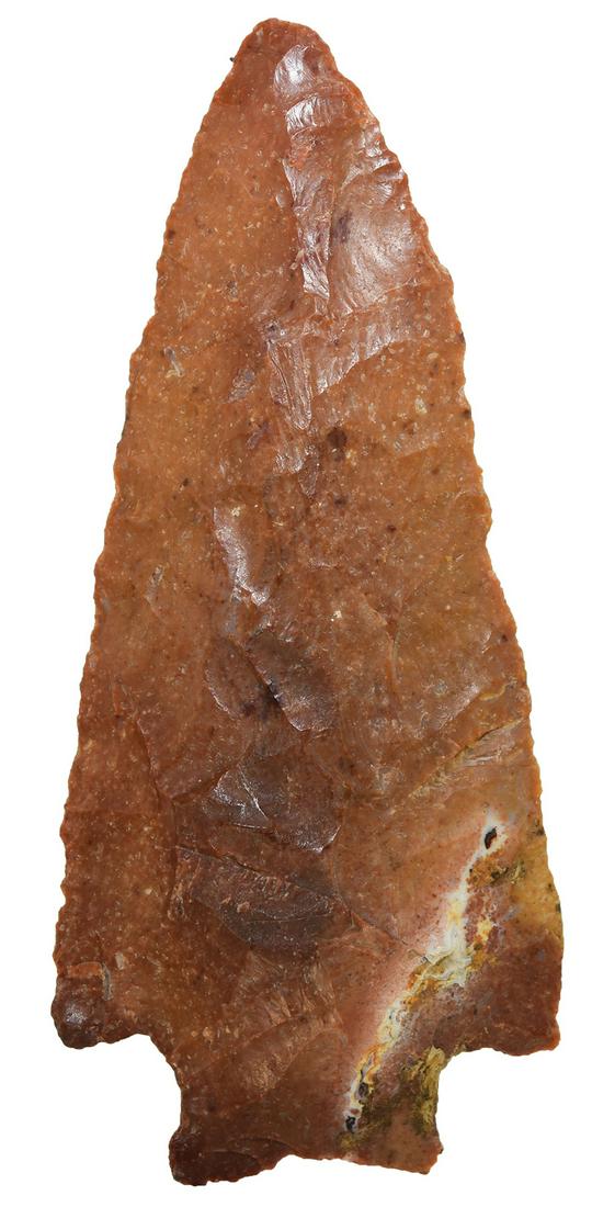 4 1/4" Savannah River Point. Florida. Colorful, heat: 4 1/4" Savannah River Point. Florida. Colorful, heat treat Coastal Plains. Very good condition. Ex-Jeff Hunt, Eddie Freyer, Allen collections. Putty COA