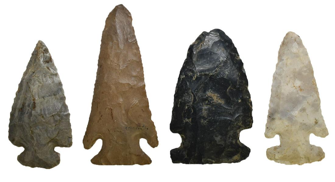 4 Points from the Gish Collection. All nice: 4 Points from the Gish Collection. 2 3/4"-3 3/8". Lost Lake (South Bend, IN), E-Notch Thebes (FB David Looker, White Co IN), Godar (Steuben Co, IN, Ex-George Dawson, Dovetail (Northern IN)