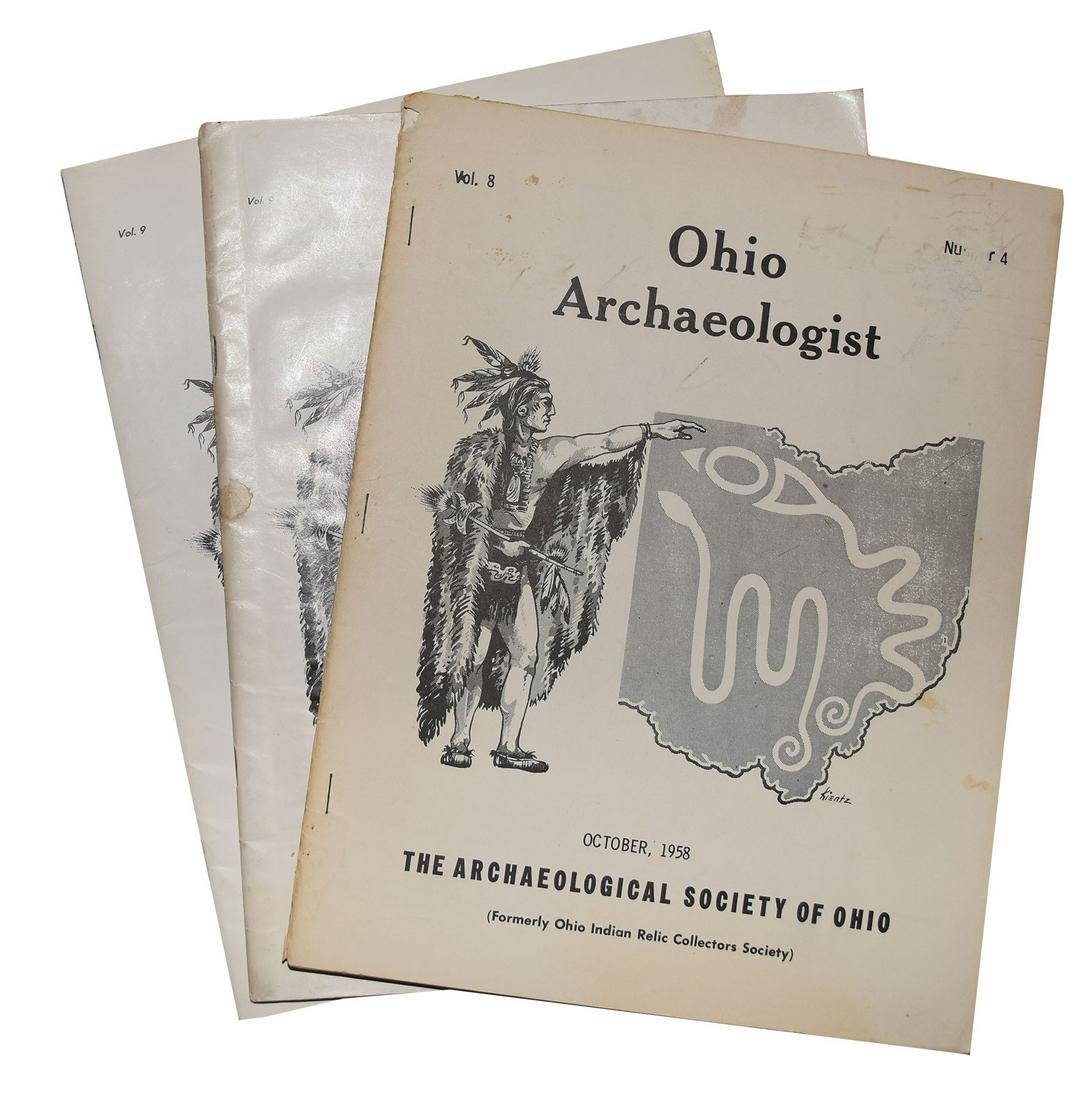 Three 1950's Ohio Archaeologist Journals: Three 1950's Ohio Archaeologist Journals. Oct. 1958, July 1959, Oct. 1959. Includes Copeland Axes, Jacob Royer collection and Wachtel Flibt. Hard to find. Fine condition