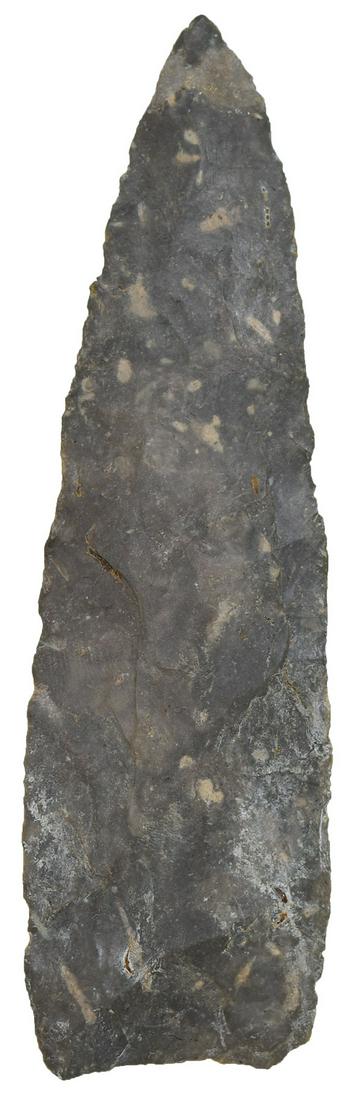 5 3/4" Pandora Knife with Rogers COA. . Coryell Co,: 5 3/4" Pandora Knife. Coryell Co, TX. Thin, gray with light gray streaking. Ex-Jeff Hunt, Dickie Alliison. Rogers COA. Native American Artifact