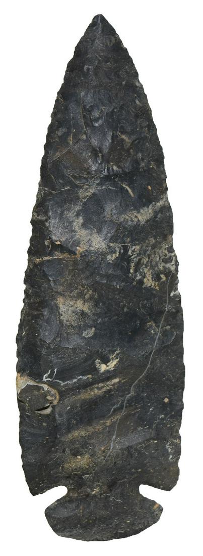 5 7/8" Dovetail. Found near Dayton, OH. Large: 5 7/8" Dovetail. Found near Dayton, OH. Large Coshocton example. Small circular area of flint expansion, popping the section outward. Added photos to listing