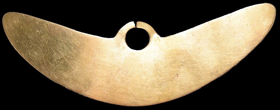 4 1/2" Tolita Crescent Nose Ring. Ecuador. Gold: 4 1/2" Tolita Crescent Nose Ring. Ecuador. Gold content unknown. Ex-Captain Tom Miller