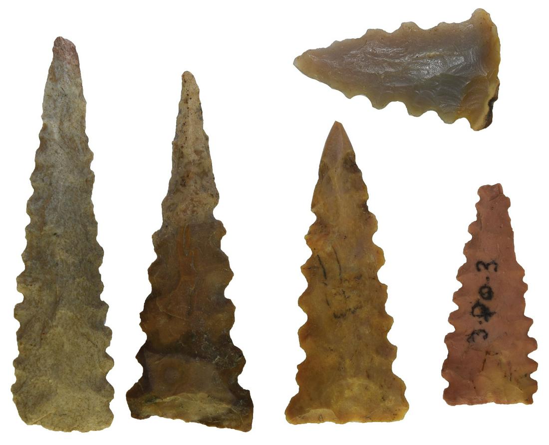 5 Sequoyah Points.  1"-2 1/8".  Heavy serrated style. (1 of 2)