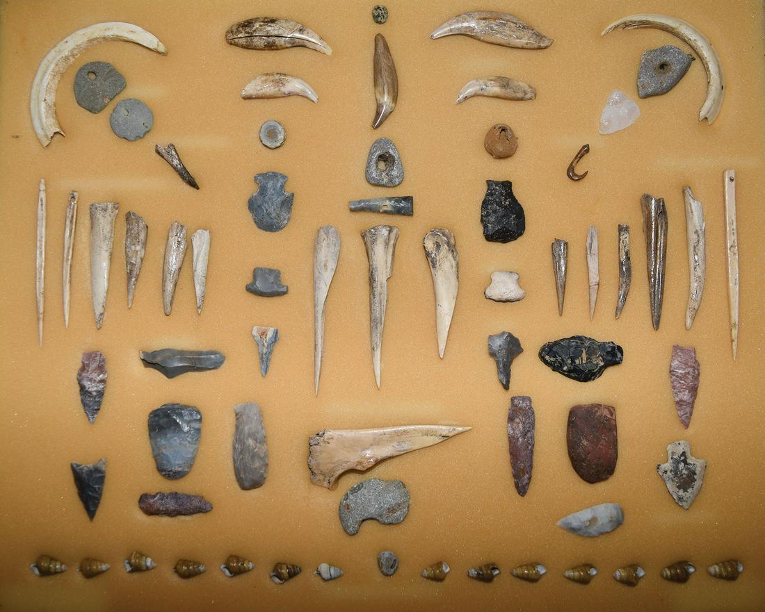 Frame of 67 Native American tools including Flint (1 of 5)