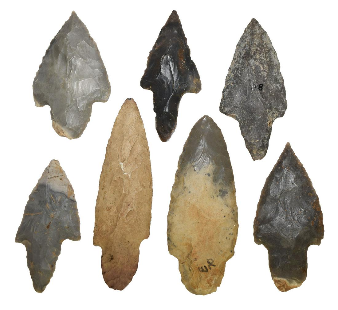 7 Very Nice Adena Points.  2 1/2"-3 5/8".  Found near (1 of 2)