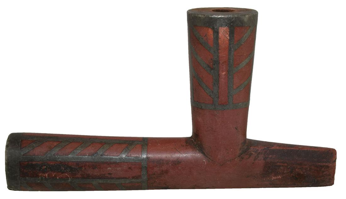 7 1/8" Catlinite T-Pipe with heavy Pewter inlay. (1 of 5)