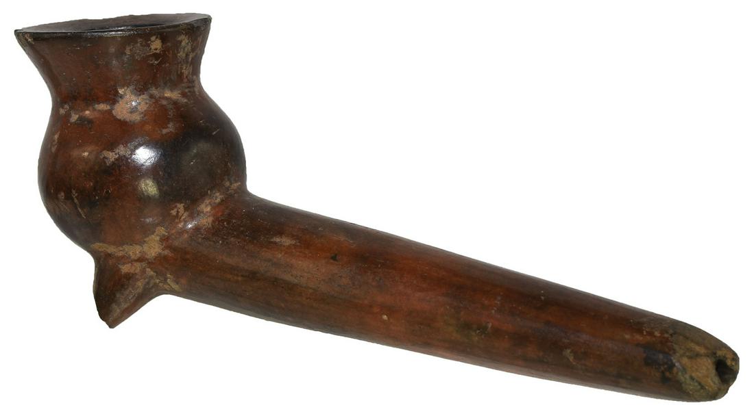 6" Polished Pipe. Michoacán, MX. Pre-Columbian.: 6" Polished Pipe. Michoacán, MX. Pre-Columbian. Highly polished with resting legs on bowl (1 chipped). Ex- Hank Lambert, Ray White