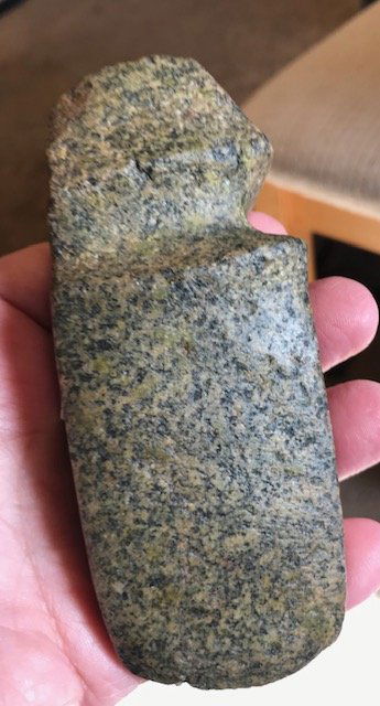 5" 3/4 Groove Iowa Axe. DesMoines Co, IA. Ex-Gary: 5" 3/4 Groove Iowa Axe. DesMoines Co, IA. Polished black speckled green Granite. Highly developed. Very good condition. Ex-Gary Cuckler, Dennis Deroser