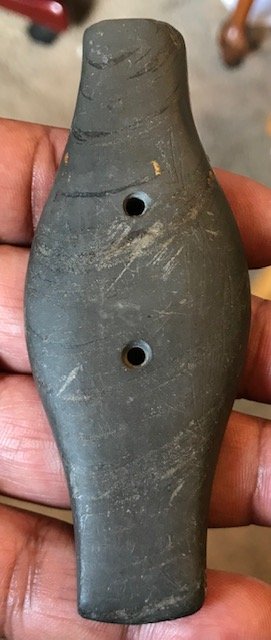 4 1/4" Hopewell Expanded Center Gorget. OH. Slate.: 4 1/4" Hopewell Expanded Center Gorget. Scioto Co, OH. Slate. Few scuffs on end, good condition. Ex-Wertz. Has his grandfather's (Charles Wertz) reddish marking on back