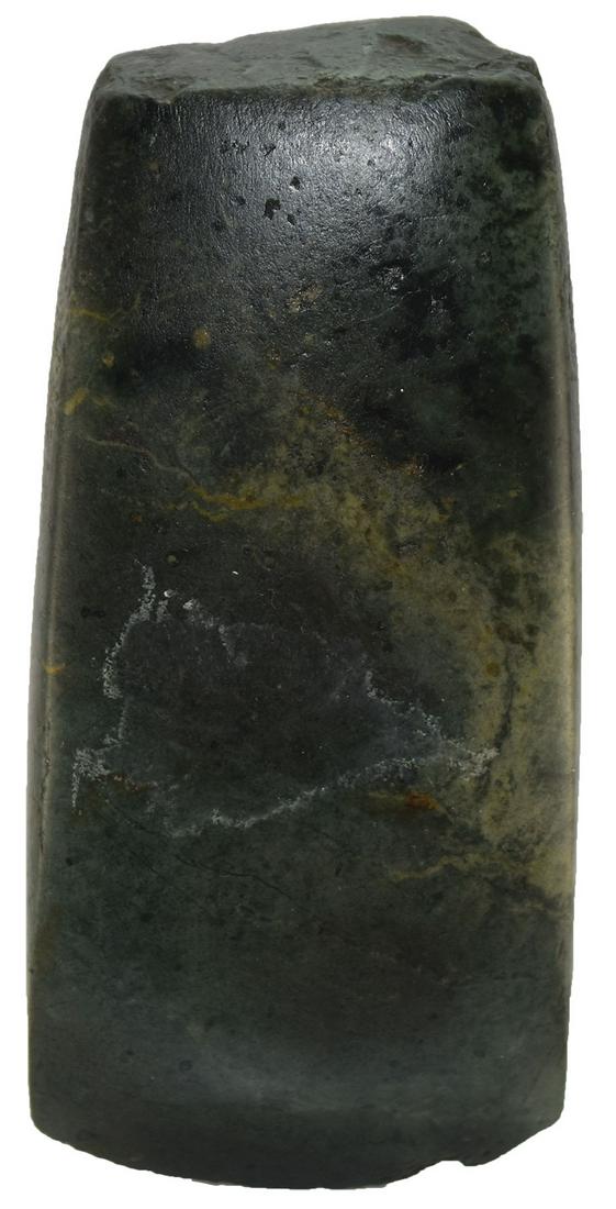 4 3/8" Green Serpentine Celt. Ex-Gary Cuckler. Davis: 4 3/8" Green Serpentine Celt. Montgomery Co, KY. Showy piece with sharp edges and fine polish. Some use wear on pole. Ex-Gary Cuckler. Davis G8 COA