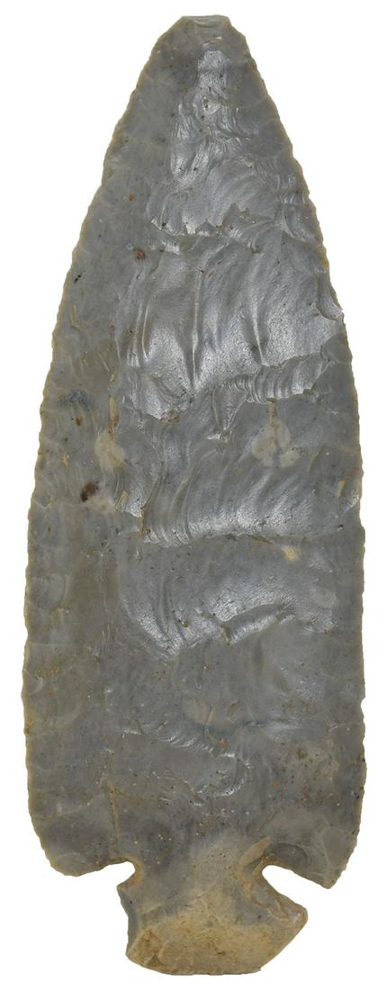 4 5/8" Dovetail. Clark Co, IN. Wonderful Hornstone: 4 5/8" Dovetail. Clark Co, IN. Wonderful Hornstone example with a few dings. Expert flaking. From the Richard Lewman estate