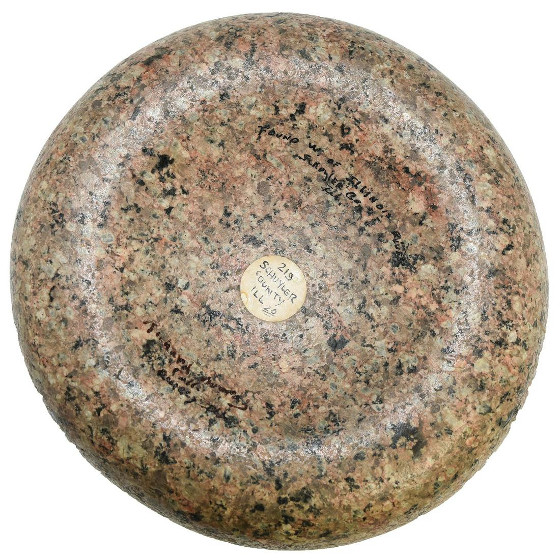 6" Jersey Bluff Discoidal. Schuyler Co, IL. An old: 6" Jersey Bluff Discoidal. Schuyler Co, IL. An old Granite Discoidal with light collector film. Excellent symmetry, good polish. G10. Looks like Stephens' writing but not listed in his catalog