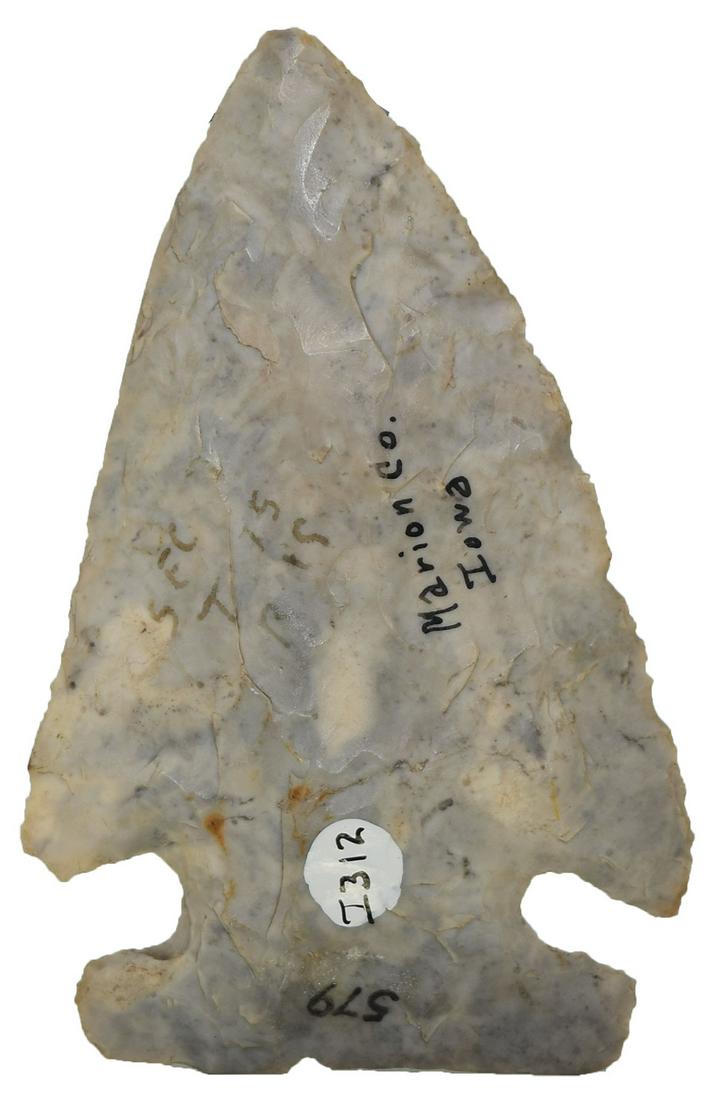 3 1/4" Thebes. Marion Co, IA. Pictured in Elwood sale: 3 1/4" Thebes. Marion Co, IA. Thin, broad point in good condition. Ex-Jeff Hunt, Steve Elwood and Paul Kline. Pictured in Elwood sale catalog