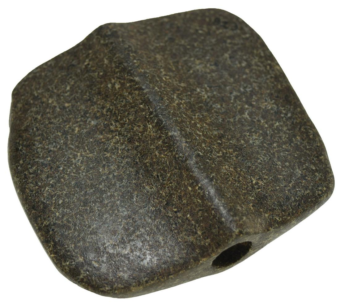 3 5/8" Hinge Bannerstone. Pictured in 1939 Knoblock: 3 5/8" Hinge Bannerstone. Floyd Co, IN. Found near New Albany. Polished, green Granite. Rare type in fine condition. Excellent collector history. Ex-Dick Boots, Bane Summers, Dr. T. Hugh Young. Pictur