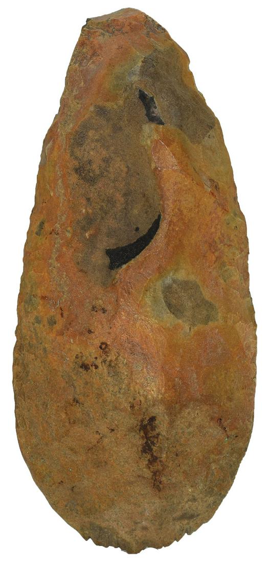 9 3/4" Spade. Fulton Co, KY. Bit has linear notching: 9 3/4" Spade. Fulton Co, KY. Nicely stained chert. Bit has linear notching forming a "claw" on bit. Very good condition. Ex-Perry Johnson, Tom Davis