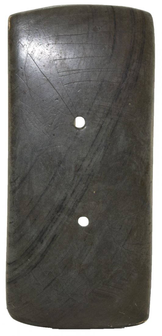 4 1/2" Slate Gorget. Pickaway Co, OH. Well made,: 4 1/2" Slate Gorget. Pickaway Co, OH. Well made, restoration to one end. Ex-Ridenour, Holser