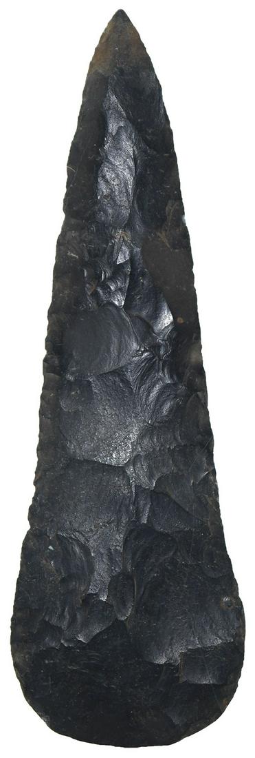 6" Archaic Blade (Cobbs style). Starke Co, OH. Glossy: 6" Archaic Blade (Cobbs style). Starke Co, OH. Glossy black Zaleski Flint. Excellent condition. Ex-Clyde Theeler
