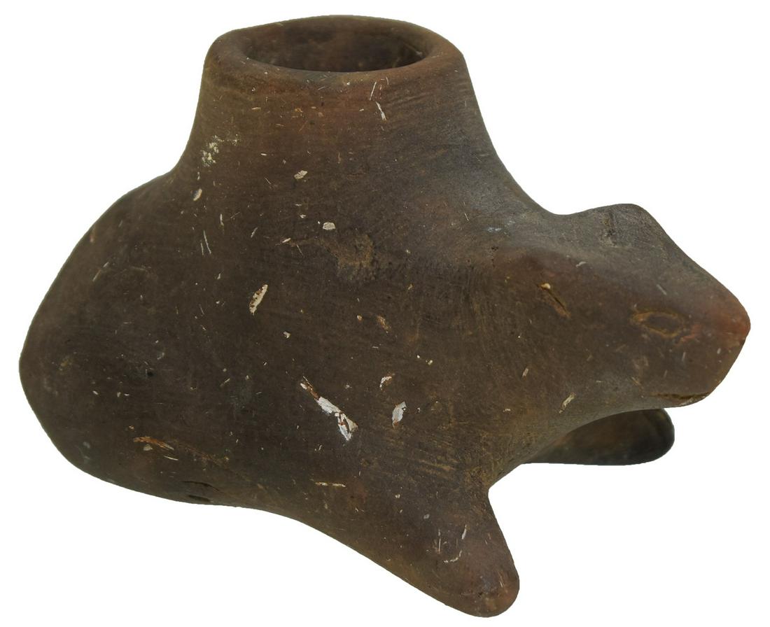 3 13/16" Beaver Effigy Pipe. Washington Co, OH. Dr.: 3 13/16" Beaver Effigy Pipe. Washington Co, OH. Clay tempered with shell. Found in 1964 and displayed by Paul Dietz at a Dentist's office in Beverly, Ohio. Very fine condition. Dietz had a small porti