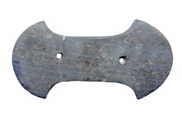 Biconcave Gorget, Davis COA, Pictured: 200. 4 1/8" Biconcave Gorget. Shelby Co, IN. Broken, glued. Pic WW#9, pg 182. Davis COA