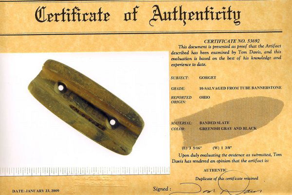 Gorget, Davis COA: 325. 3 5/16" Gorget. OH. Davis COA G-10. Rare form from salvaged Tube Bannerstone