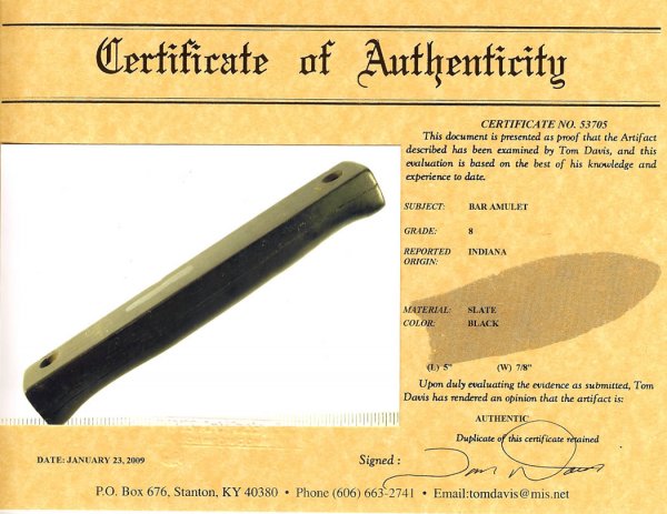 Bar Amulet, Davis COA: 329. 5" Bar Amulet. IN. Davis COA G-8. Slight separation at banding. Glossy dark slate example