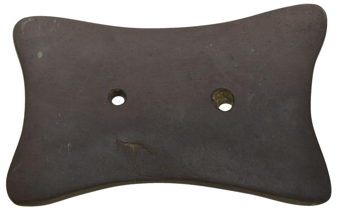 4" Quadraconcave Gorget. Seneca Co, OH. Well made.: 4" Quadraconcave Gorget. Seneca Co, OH. Thin, well made. Finely polished brown Slate. G10. Ex-Richard Christian Tinsel, Dean Driskell