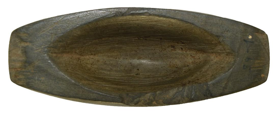 3 9/16" Cupped Boatstone. Arkansas. Green banded: 3 9/16" Cupped Boatstone. Arkansas. Highly polished dome and well scooped bottom (undrilled type). A few small chips on bottom. Green banded Slate. Ex-Gary Cuckler. Featured on the Intro Page of this