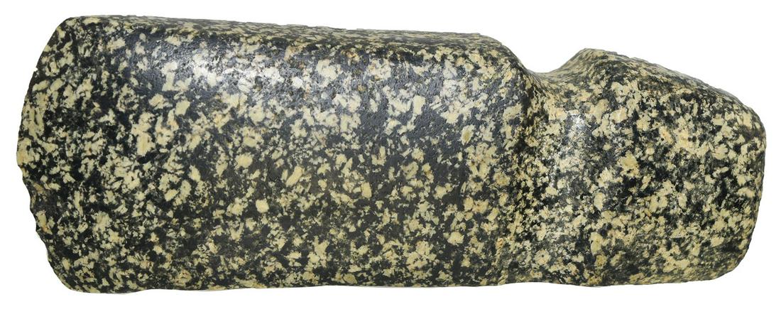 6 13/16" Flared Bit Axe. Meadows COA. Decatur Co, IA.: 6 13/16" Flared Bit Axe. Decatur Co, IA. Long, slender with highly flared bit and arched bottom. Wonderfully polished black and white Granite. Nick on bit, otherwise perfect. Ex-Gary Cuckler, Dennis D