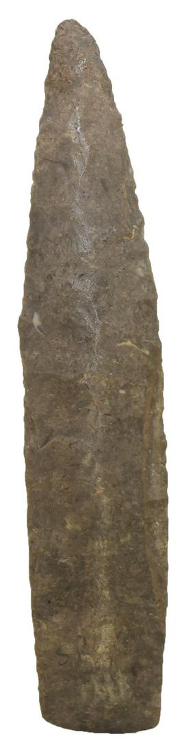 3 1/2" Paleo Lance. Davis COA. Wayne Co, MI.: 3 1/2" Paleo Lance. Wayne Co, MI. Pronounced medial ridge with ground base and edges. Glossy brown chert. Ex-Jim Gonyer, Norm Grogitsky. Davis G8 COA