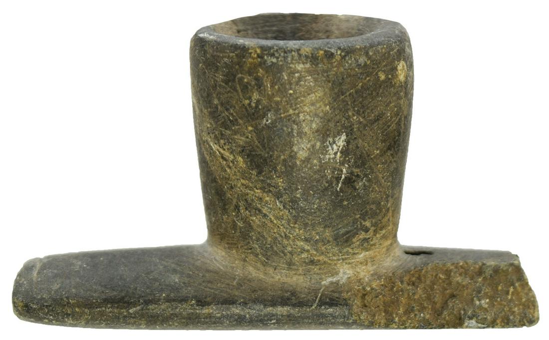 3" Hopewell Platform Pipe. KY. Perino COA. Pictured: 3" Hopewell Platform Pipe. McCreary Co, KY. Greenish Steatite. Well made, some damage to stem was anciently salvaged. Rare type. Pictured in WW#9 (Underwood). Ex-Doug Underwood, Bill Carter. Perino CO