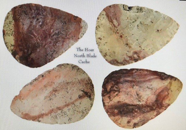 The Hoer North Blade Cache. Dickey COAs. Four fine: The Hoer North Blade Cache. Four fine North Blades (4 3/8" to 4 111/16") found in Lincoln Co, MO. Large, very well made and with "fantastic color". Thin. Heat treated Burlington. Each has Dickey COA. 
