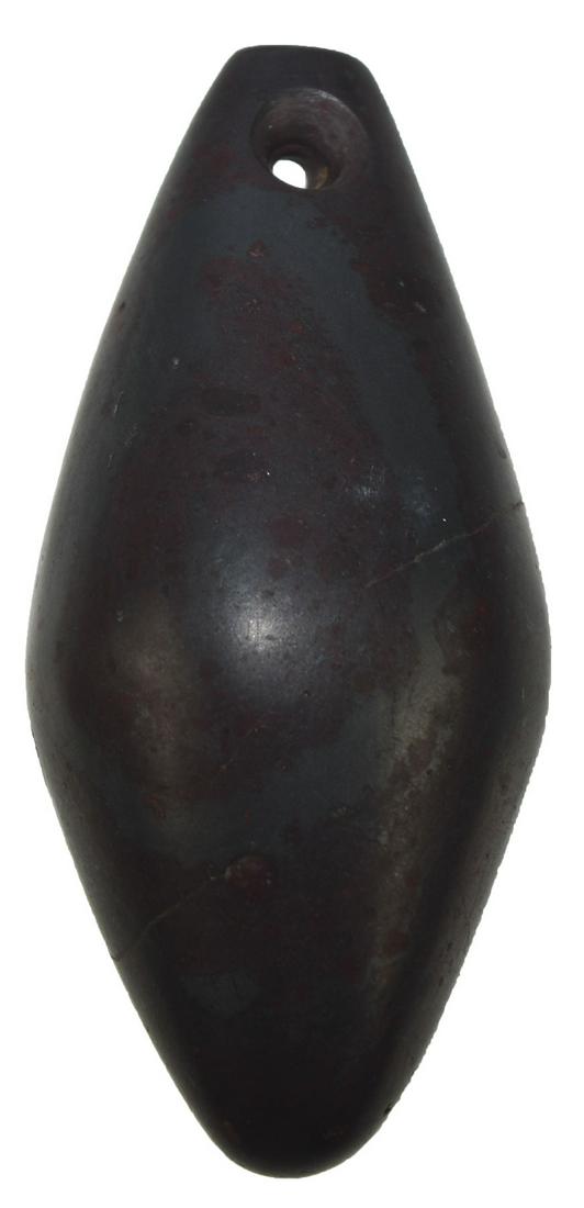 3" Drilled Hematite Plummet. Ex-Judge Ed Payne. G10.: 3" Drilled Hematite Plummet. Morgan Co, IN. G10. Very well made, excellent condition. Brown Hematite with greenish gray streaking. Once in the Edward Payne collection. Featured on the back cover of th