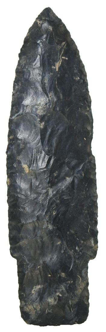 3 7/8" Paleo Lanceolate. Fairfield Co, OH. Pictured: 3 7/8" Paleo Lanceolate. Fairfield Co, OH. Glossy black Upper Mercer. Thin. Scottsbluff styling. Very Nice Paleo Flaking. Ex-Richard Baumann. Pictured in WW12. Putty G9 COA