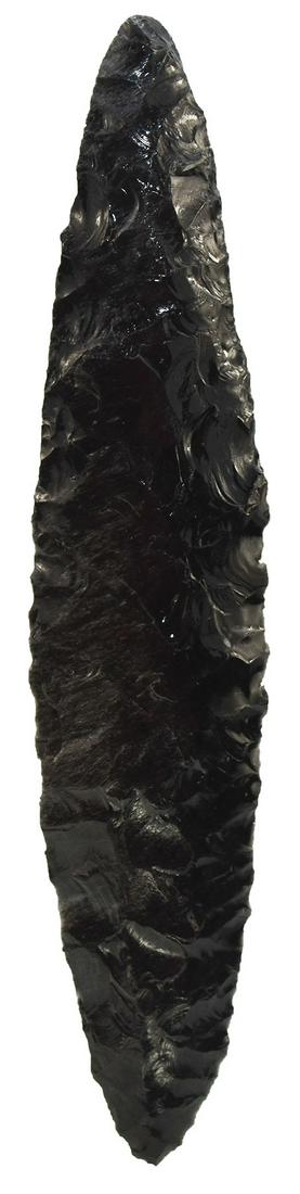 8 5/16" Bi-Pointed Obsidian Blade. CA. Ex-Minnesota: 8 5/16" Bi-Pointed Obsidian Blade. CA. Large and well made. Good patina. Fine condition. Ex-Parchard, Minnesota Historical Society. Putty G10 COA