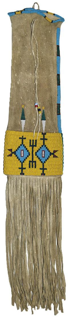 33" Beaded Sioux Pipe Bag (includes fringe). Sinew: 33" Beaded Sioux Pipe Bag (includes fringe). Beaded with different color beads on both sides. Beadwork in very fine condition. Sinew sewn. Beautiful display. Circa 1890. 11/28/20: Added closeup photos