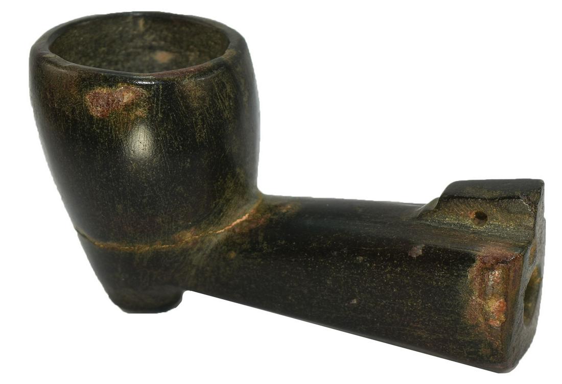 2 3/4" Early Historic Pipe. NC (can't read county).: 2 3/4" Early Historic Pipe. NC (can't read county). Polished Steatite. Very well made and highly polished. Crack extends around bowl, selling as if glued. Drilled arbor. Older example