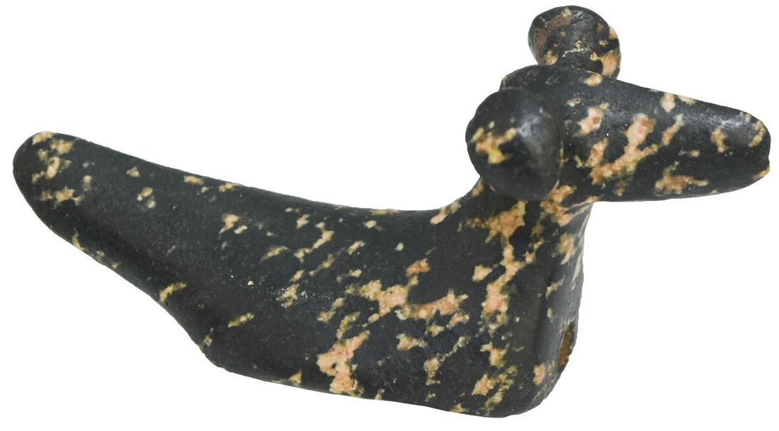 Gary Litherland's 4 1/16" Popeyed Birdstone. Whitley: Gary Litherland's 4 1/16" Popeyed Birdstone. Whitley Co, IN. Black and white Granite with good polish. Fine condition with holes intact. Correct manufacture of eyes and holes. Ex-Dan Cockins. Found in