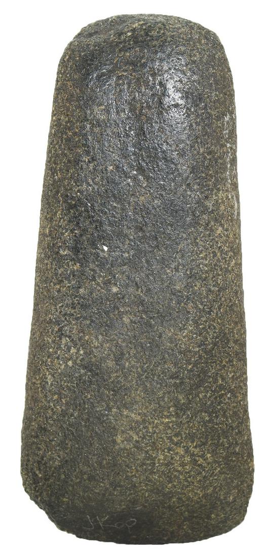 5 1/4" Wisconsin Celt. Found by Mary Jo Scott near: 5 1/4" Wisconsin Celt. Found by Mary Jo Scott near Green Bay. Good condition with use wear on pole and small chip on bit. Nicely weathered Granite