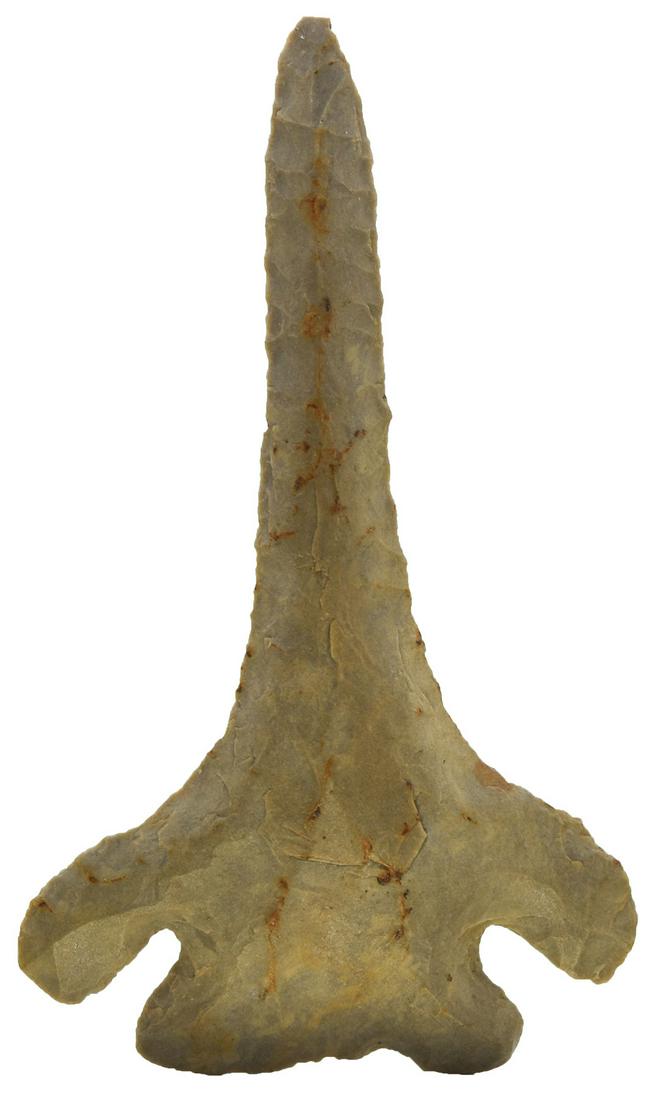 3 11/16" Lost Lake Drill. Davis G9+ COA. Hardin Co,: 3 11/16" Lost Lake Drill. Hardin Co, KY. Well patinated Hornstone. Well made with long barbs. Ex-Doug Underwood, Gary Noel, Dave Zinkie. Davis G9+ COA