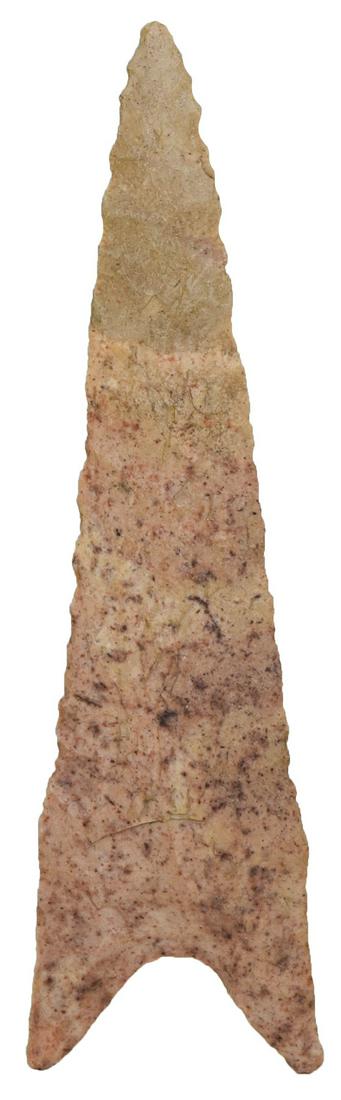3 3/4" Dalton. Davis COA. Greene Co, AR. Well made.: 3 3/4" Dalton. Greene Co, AR. Well made. Red speckled cream chert. Ex-Jeff Hunt. Nice. Davis G9 COA