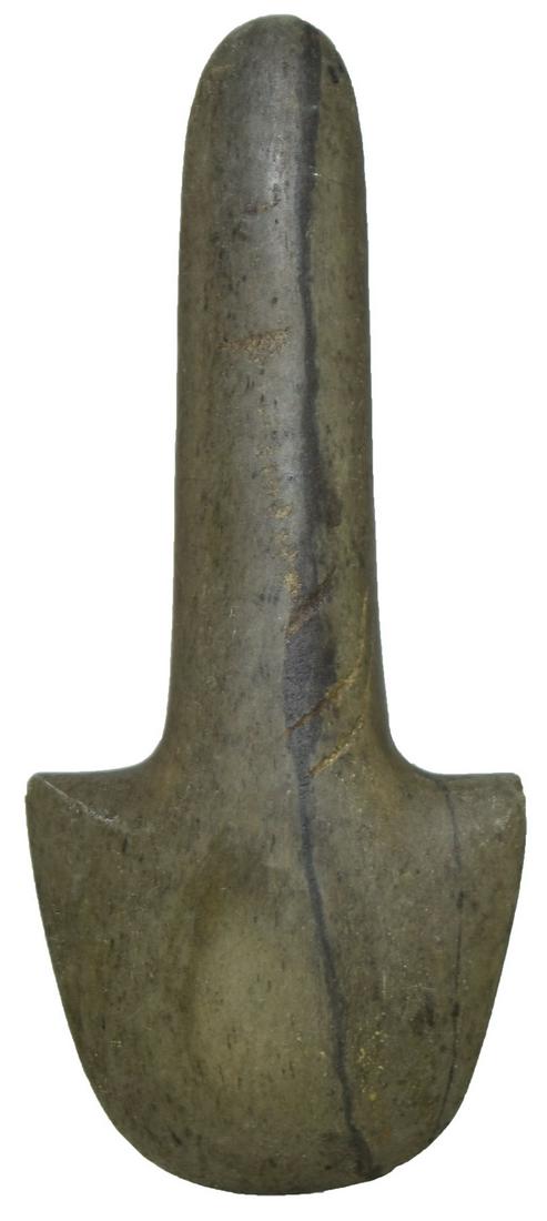 6 3/8" Greenstone Spud. Arkansas. Anciently salvaged: 6 3/8" Greenstone Spud. Arkansas. Anciently salvaged handle. Fine example. Very fine condition. Ex-Jeff Hunt, Gary Cuckler. Pictured in Cuckler's Feb. 2020 Sale Catalog (Item 167)