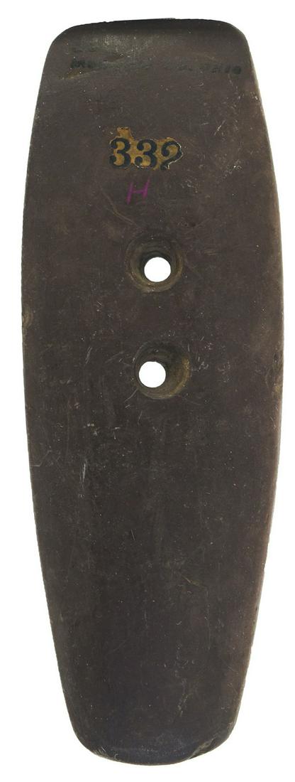 4 1/2" Hopewell Gorget. Morrow Co, OH. Thin. Brown: 4 1/2" Hopewell Gorget. Morrow Co, OH. Thin. Brown Slate. Very good condition. Ex-Scott Shively, Bob Converse, Judge Payne, Braun